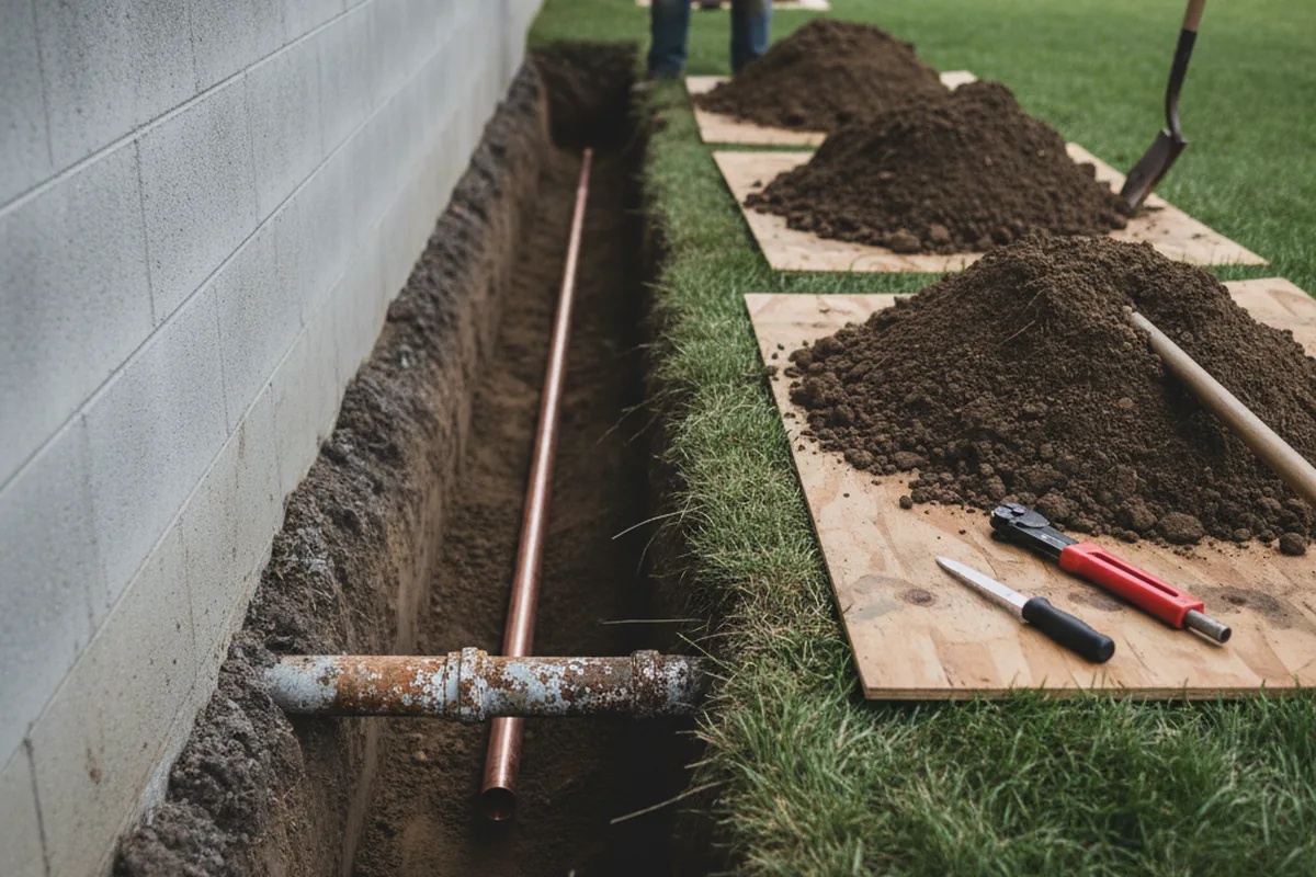 Excavated water line trench during Water Heater Repair in Leonville